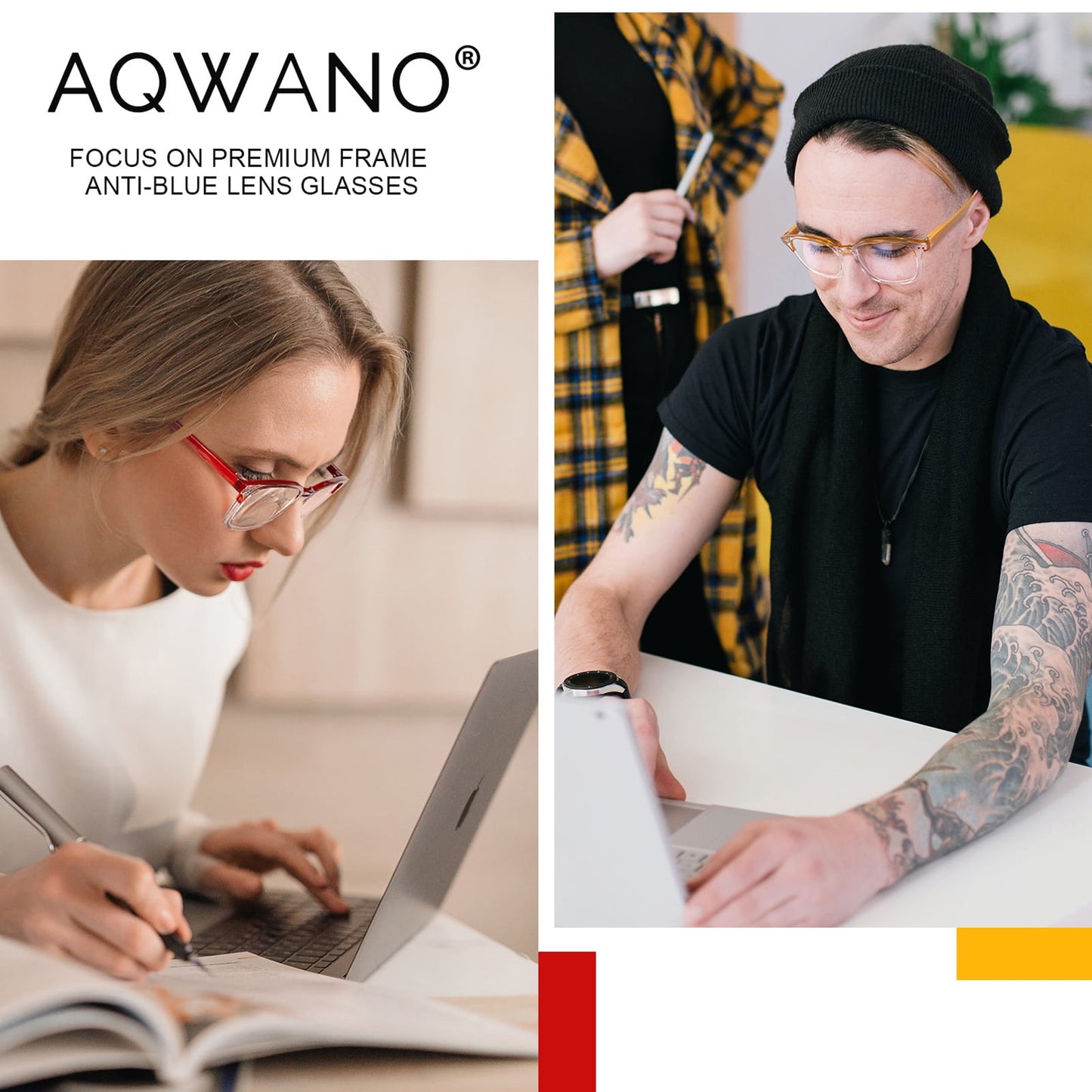 Blue Light Blocking Computer Reading Glasses, 4 Pairs Fashion Designer Clear Readers for Men Women Anti Glare UV with Spring Hinge Lightweight Comfortable, 3.5