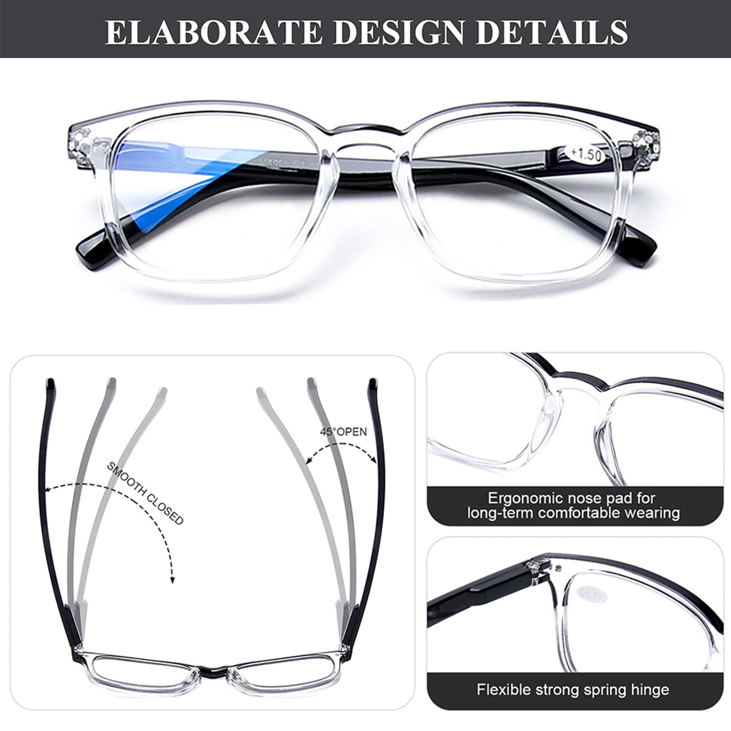 Blue Light Blocking Computer Reading Glasses, 4 Pairs Fashion Designer Clear Readers for Men Women Anti Glare UV with Spring Hinge Lightweight Comfortable, 3.5