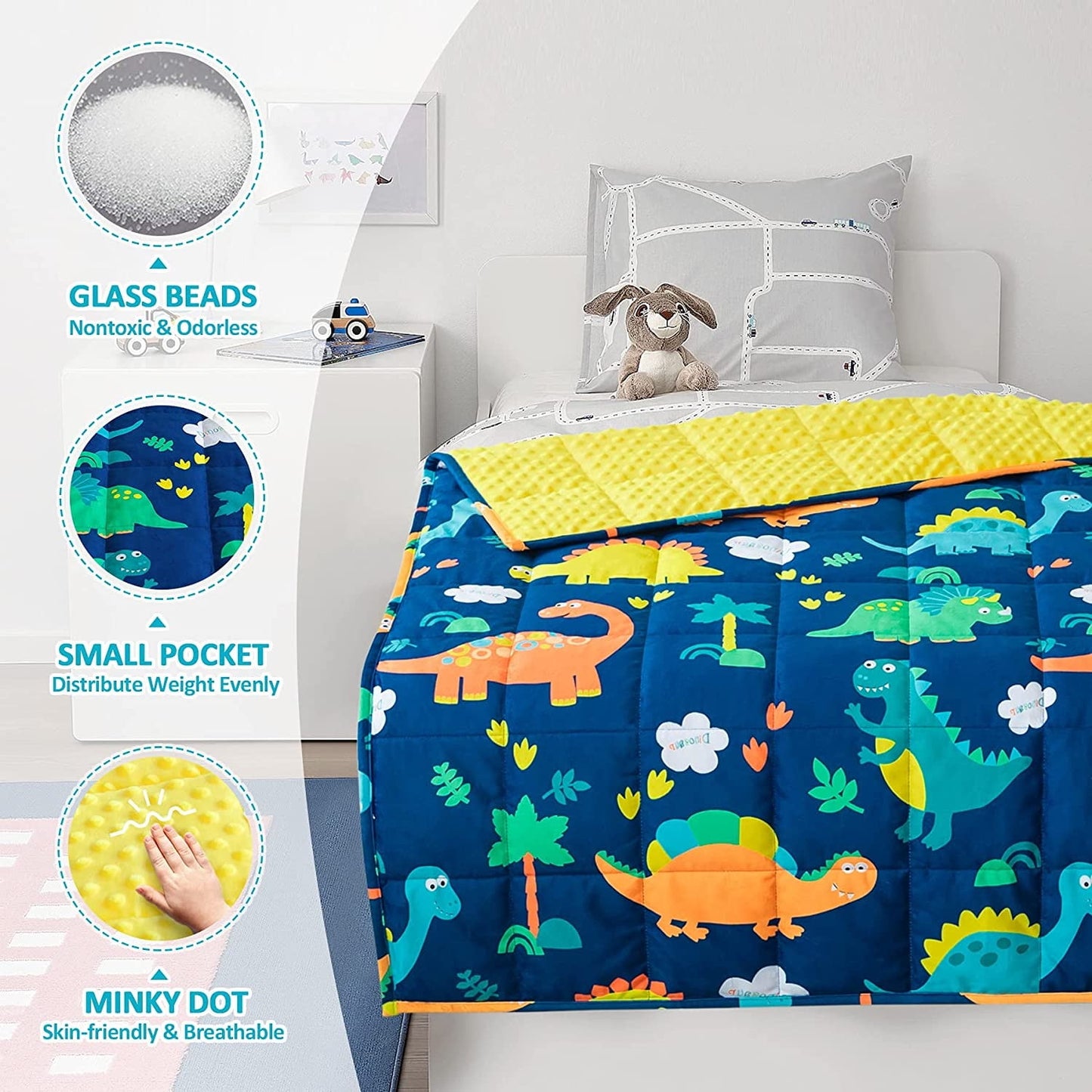 Soft 3lbs Weighted Toddler Blanket for Calming and Sleeping,Blue Dinosaur, 36x48 inches