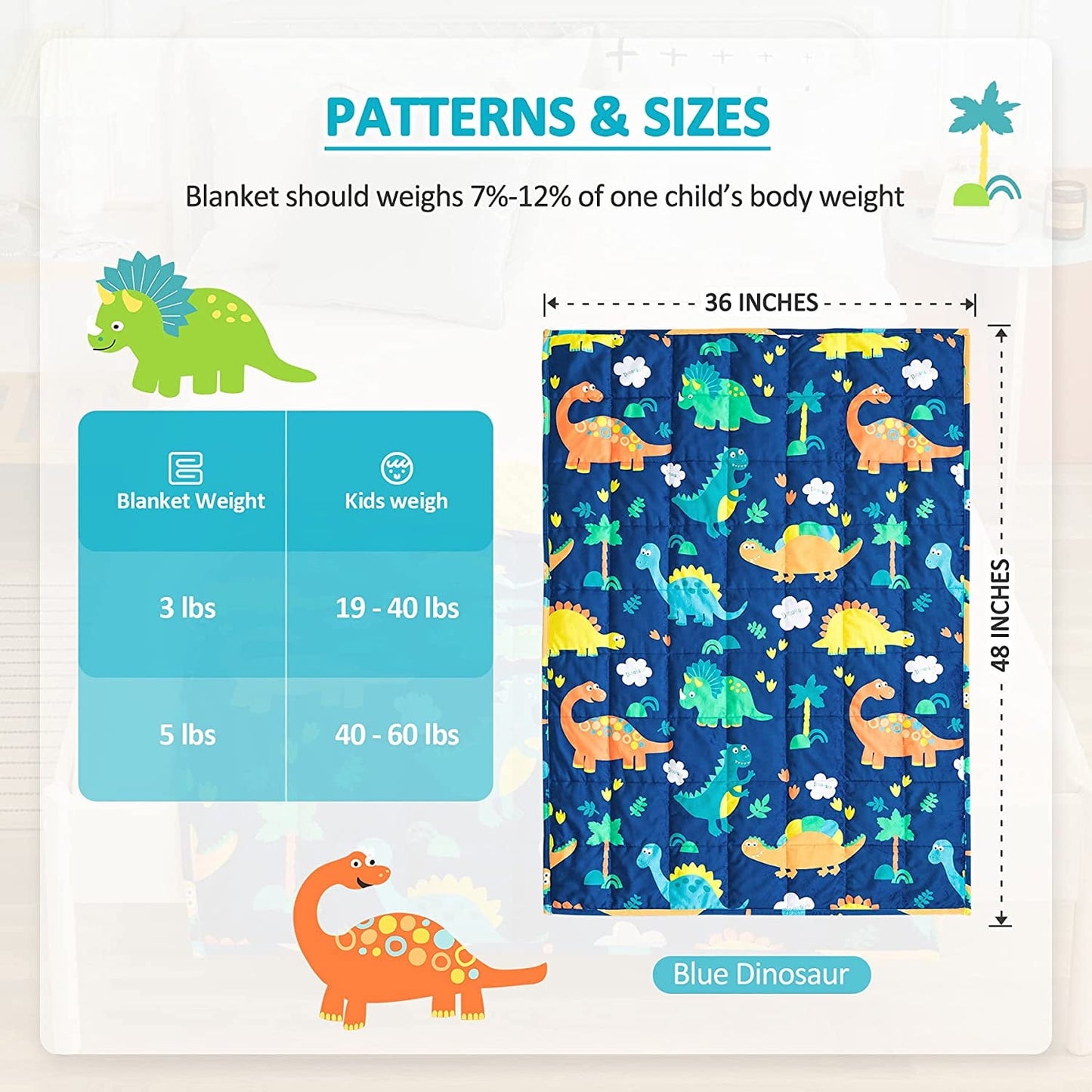 Soft 3lbs Weighted Toddler Blanket for Calming and Sleeping,Blue Dinosaur, 36x48 inches